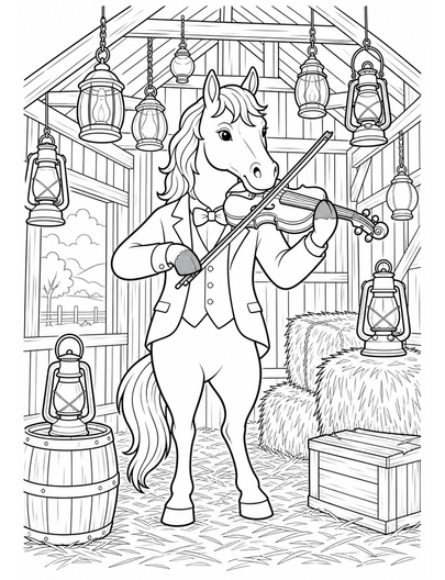 Horse Violinist In A Lantern Barn printable coloring page from the horse coloring pages collection