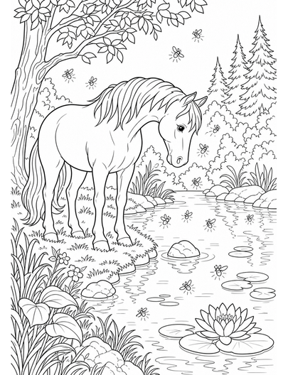 Horse Watching Fireflies By A Forest Pond printable coloring page from the horse coloring pages collection