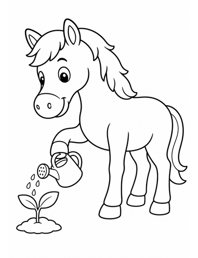 Horse Watering A Small Garden Sprout printable coloring page from the horse coloring pages collection