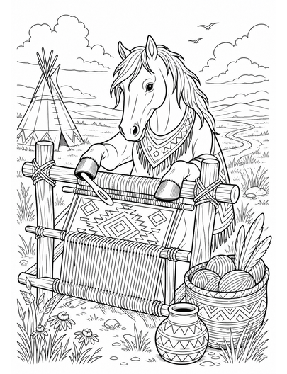 Horse Weaver At A Prairie Loom printable coloring page from the horse coloring pages collection