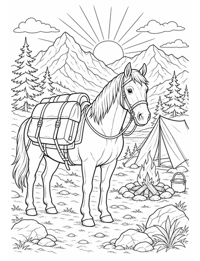Mountain Pack Horse At Sunrise Camp printable coloring page from the horse coloring pages collection