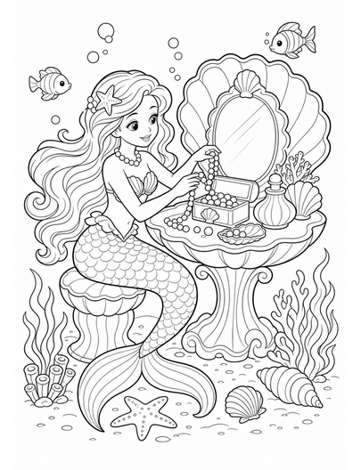 Mermaid Arranging Pearls At Shell Vanity printable coloring page from the mermaid coloring pages collection