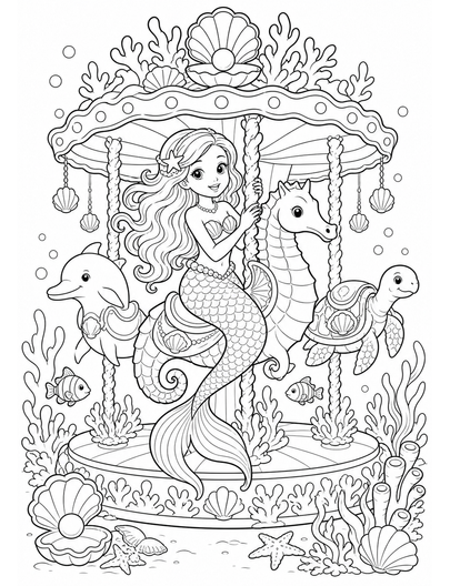 Mermaid At A Coral Carousel printable coloring page from the mermaid coloring pages collection