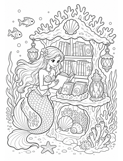 Mermaid At A Coral Lantern Bookstall printable coloring page from the mermaid coloring pages collection