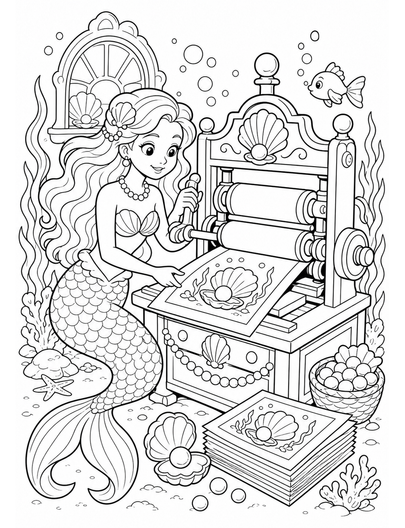 Mermaid At A Pearl Printing Press printable coloring page from the mermaid coloring pages collection