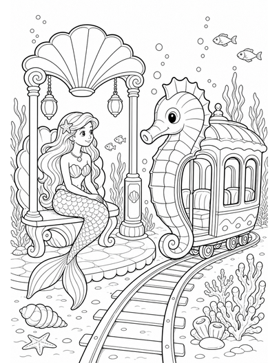 Mermaid At A Seahorse Tram Stop printable coloring page from the mermaid coloring pages collection