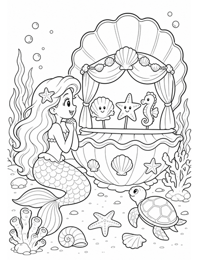 Mermaid At A Shell Puppet Theater printable coloring page from the mermaid coloring pages collection