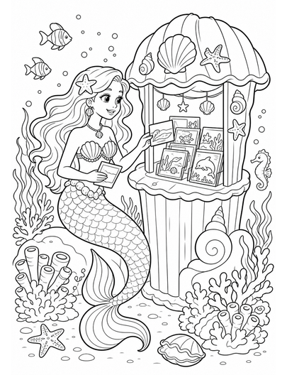Mermaid At An Undersea Postcard Kiosk printable coloring page from the mermaid coloring pages collection