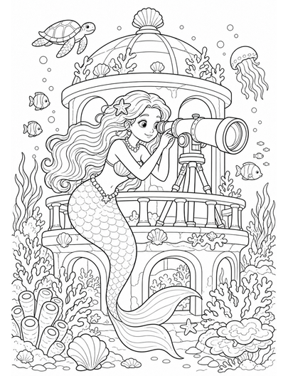 Mermaid At Coral Observatory With Telescope printable coloring page from the mermaid coloring pages collection