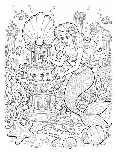 Mermaid At Sunken Pearl Fountain printable coloring page from the mermaid coloring pages collection