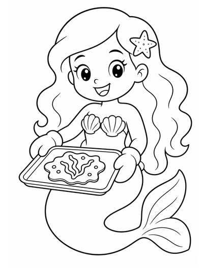 Mermaid Baking A Seaweed Cookie printable coloring page from the mermaid coloring pages collection