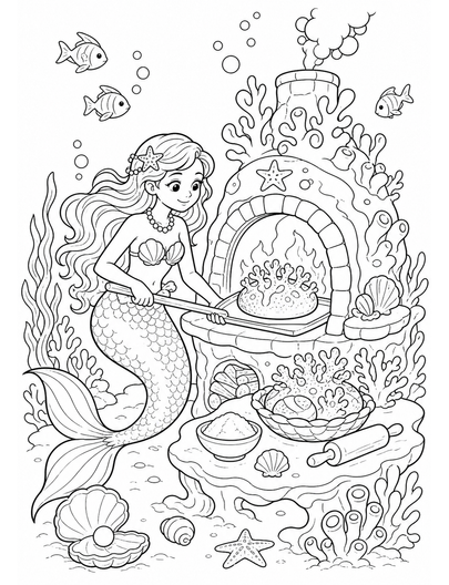 Mermaid Baking Coral Bread In A Sea Oven printable coloring page from the mermaid coloring pages collection