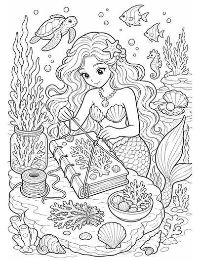 Mermaid Binding A Coral Herbarium Book printable coloring page from the mermaid coloring pages collection