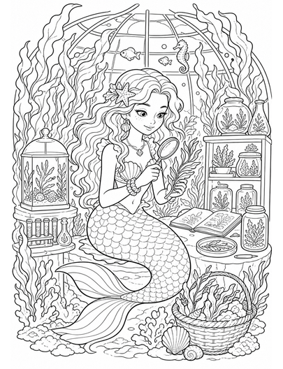 Mermaid Botanist In A Kelp Forest Conservatory printable coloring page from the mermaid coloring pages collection