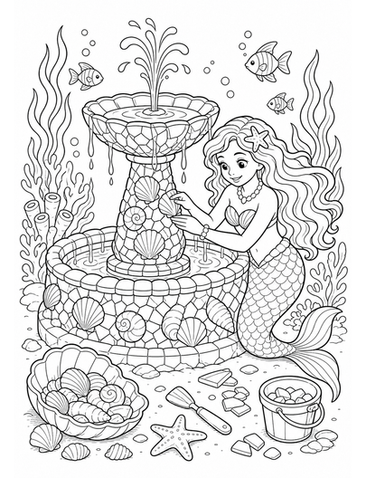 Mermaid Building A Shell Mosaic Fountain printable coloring page from the mermaid coloring pages collection