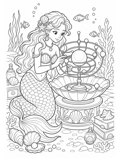 Mermaid Calibrating A Pearl Orrery printable coloring page from the mermaid coloring pages collection