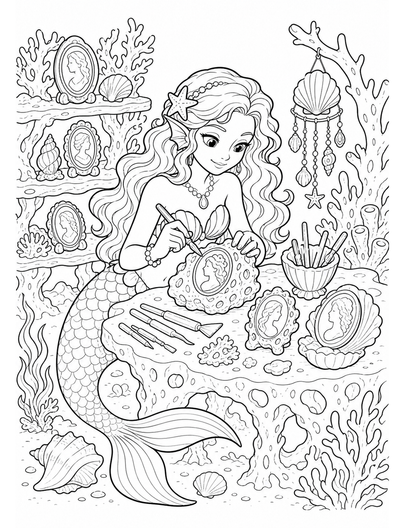 Mermaid Carving Shell Cameos In Coral Workshop printable coloring page from the mermaid coloring pages collection
