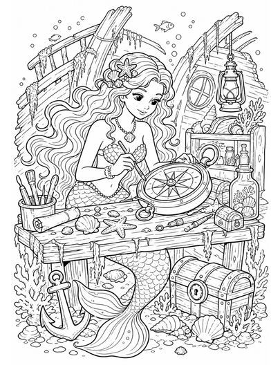 Mermaid Compass Workshop In Sunken Shipwreck printable coloring page from the mermaid coloring pages collection