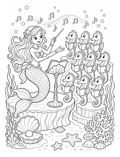 Mermaid Conducting A Seahorse Choir printable coloring page from the mermaid coloring pages collection