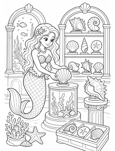 Mermaid Curating A Shell Museum Hall printable coloring page from the mermaid coloring pages collection