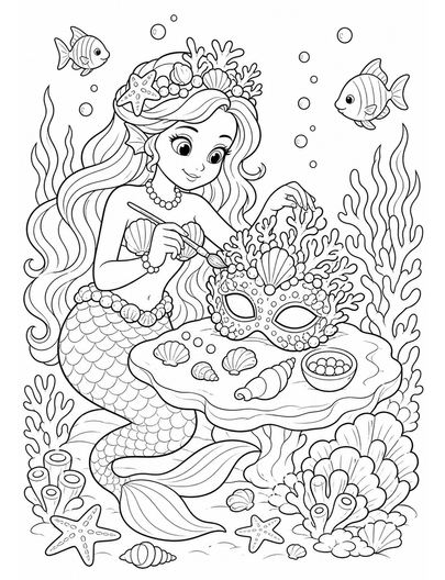 Mermaid Decorating A Coral Festival Mask printable coloring page from the mermaid coloring pages collection