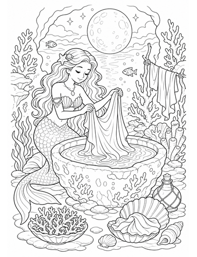 Mermaid Dyeing Coral Silk At Moon Pool printable coloring page from the mermaid coloring pages collection