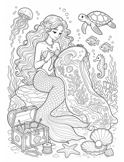 Mermaid Embroidering A Tidal Tapestry printable coloring page from the mermaid coloring pages collection