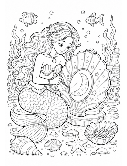 Mermaid Engraving A Moon Shell Mirror printable coloring page from the mermaid coloring pages collection