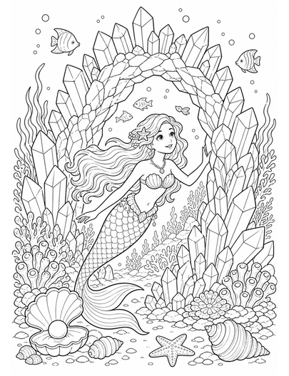 Mermaid Exploring A Crystal Reef Arch printable coloring page from the mermaid coloring pages collection