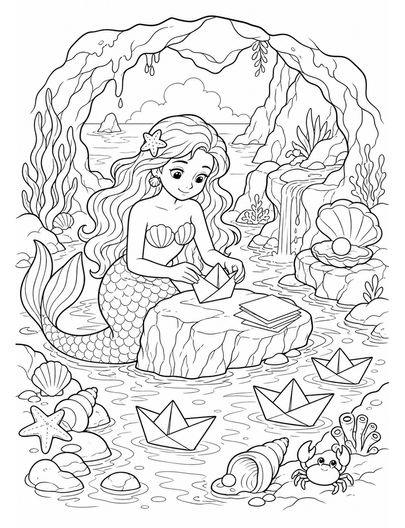 Mermaid Folding Paper Boats In A Tide Grotto printable coloring page from the mermaid coloring pages collection