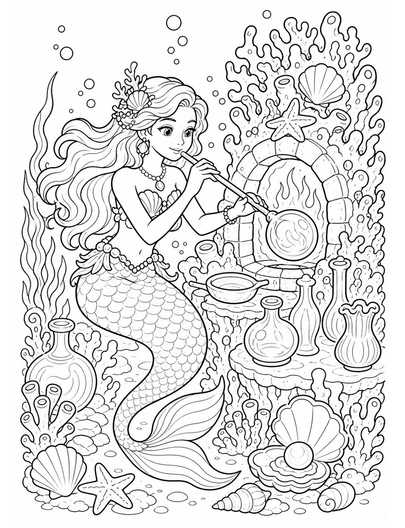 Mermaid Glassblower In A Coral Furnace printable coloring page from the mermaid coloring pages collection