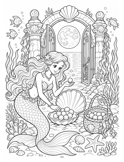 Mermaid Harvesting Moon Pearls At Tidal Gate printable coloring page from the mermaid coloring pages collection