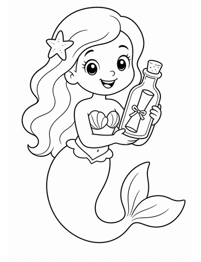 Mermaid Holding A Message Bottle printable coloring page from the mermaid coloring pages collection