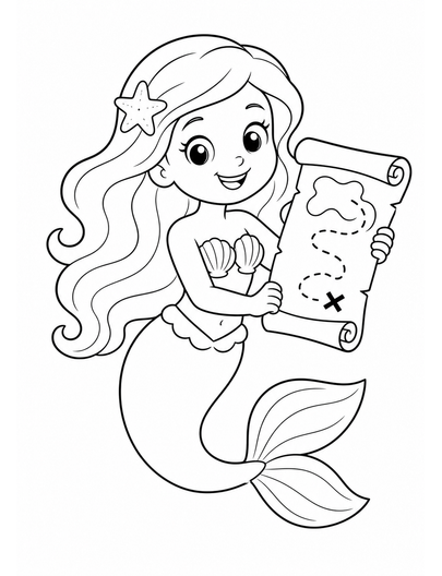 Mermaid Holding A Treasure Map Scroll printable coloring page from the mermaid coloring pages collection