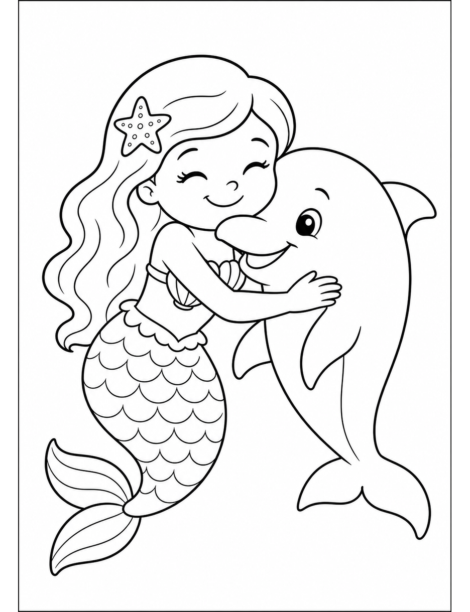 Mermaid Hugging A Friendly Dolphin printable coloring page from the mermaid coloring pages collection