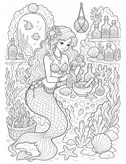 Mermaid In A Coral Apothecary printable coloring page from the mermaid coloring pages collection