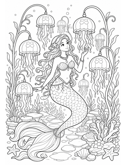 Mermaid In A Moon Jelly Lantern Garden printable coloring page from the mermaid coloring pages collection
