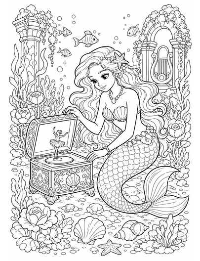 Mermaid In A Sunken Music Box Garden printable coloring page from the mermaid coloring pages collection