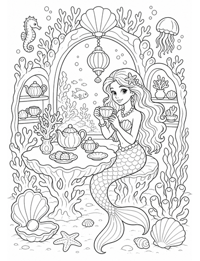 Mermaid In Coral Tea House printable coloring page from the mermaid coloring pages collection