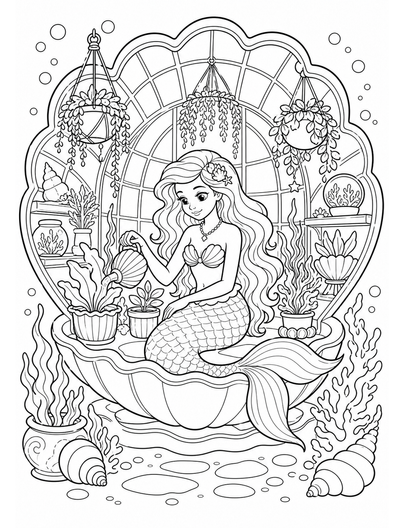 Mermaid In Seashell Greenhouse printable coloring page from the mermaid coloring pages collection
