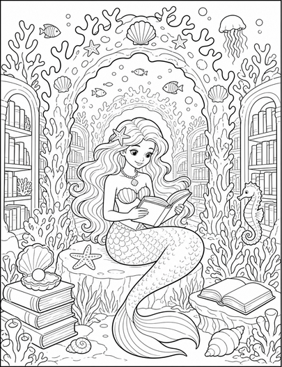 Mermaid In Underwater Library With Coral Arches printable coloring page from the mermaid coloring pages collection