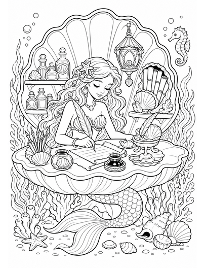 Mermaid Inkmaker In A Shell Scriptorium printable coloring page from the mermaid coloring pages collection