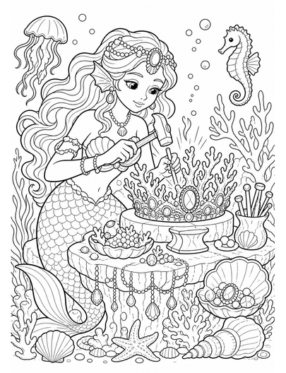 Mermaid Jeweler Forging A Coral Crown printable coloring page from the mermaid coloring pages collection
