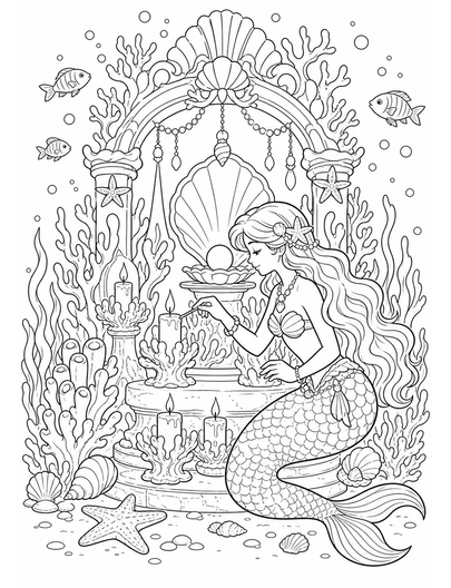 Mermaid Lighting Coral Candles In Sea Shrine printable coloring page from the mermaid coloring pages collection