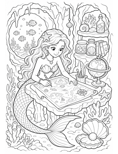 Mermaid Mapmaker In Coral Cave Studio printable coloring page from the mermaid coloring pages collection