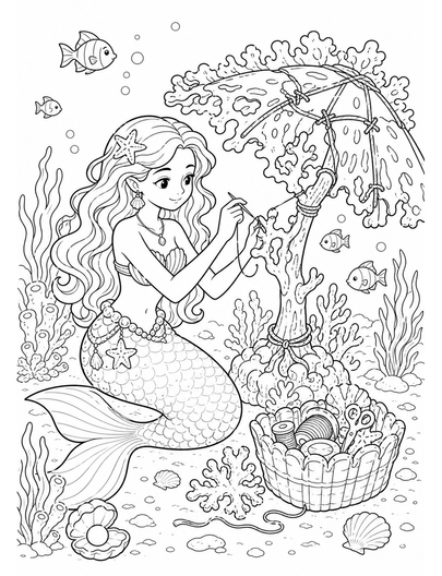 Mermaid Mending A Coral Parasol printable coloring page from the mermaid coloring pages collection