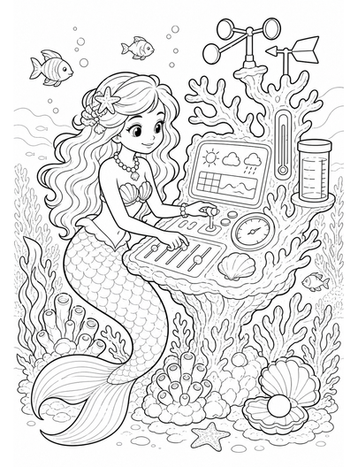 Mermaid Operating A Coral Weather Station printable coloring page from the mermaid coloring pages collection
