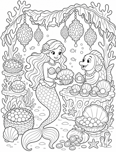 Mermaid Pearl Market With Coral Lanterns printable coloring page from the mermaid coloring pages collection