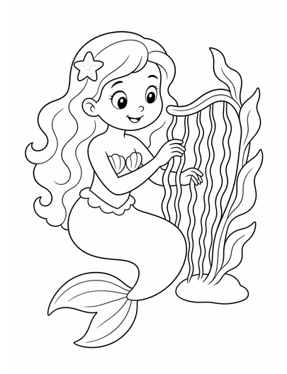 Mermaid Playing A Simple Seaweed Harp printable coloring page from the mermaid coloring pages collection