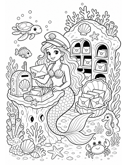 Mermaid Postmaster At Coral Mail Station printable coloring page from the mermaid coloring pages collection